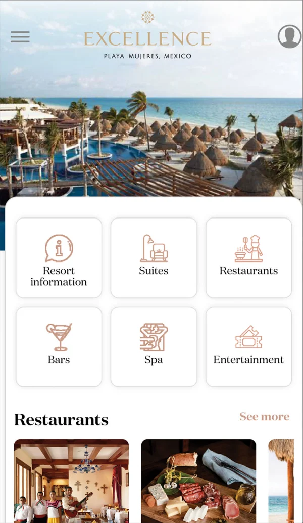 Inicio de Excellence Playa Mujeres en la app: accesos a información del resort, suites, restaurantes, bares, spa y entretenimiento.
