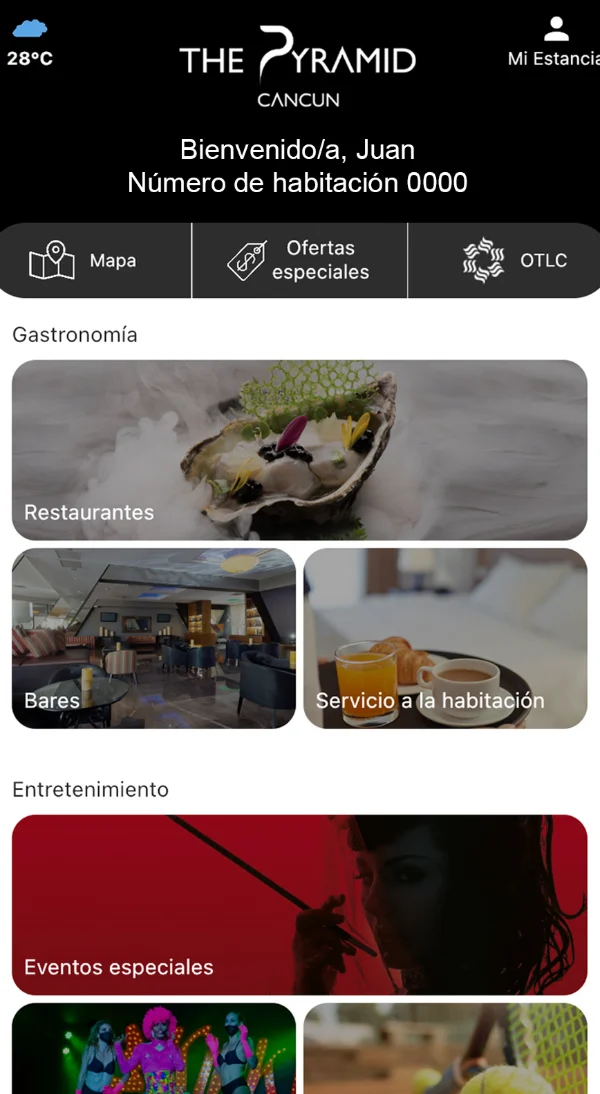 Inicio de The Pyramid Cancún en la app de Oasis: bienvenida con número de habitación, mapa, ofertas y accesos a gastronomía.